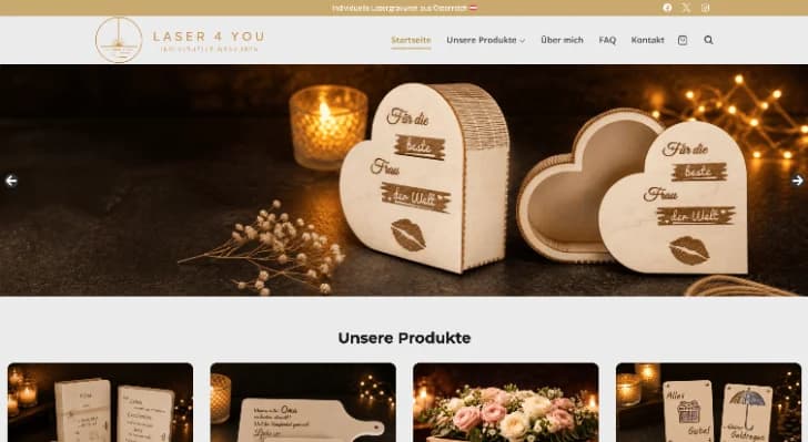 Startseite von laser4you.at mit gravierten Holzprodukten